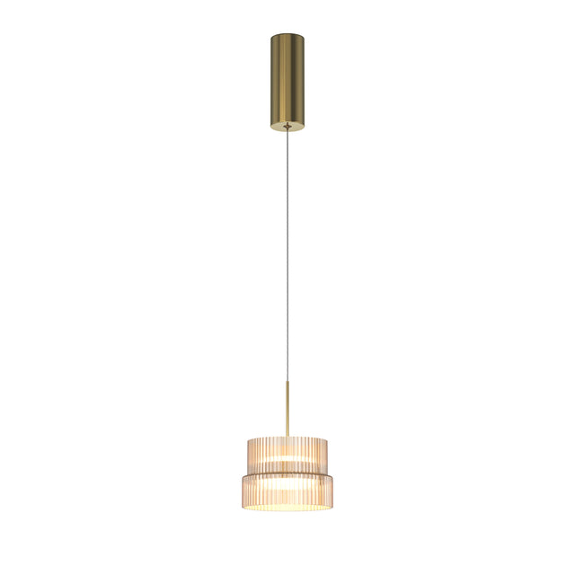Maytoni Scala LED pendant light with two-tier ribbed amber glass shade and cylindrical bronze canopy on a single cable, on a white background.