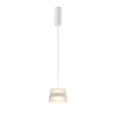 Maytoni Scala Wood LED pendant light in white, featuring a ribbed cylindrical shade suspended from a matching cylindrical ceiling canopy on a plain background.