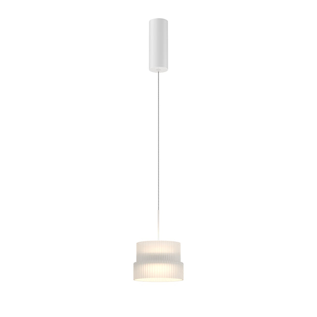 Maytoni Scala Wood LED pendant light in white, featuring a ribbed cylindrical shade suspended from a matching cylindrical ceiling canopy on a plain background.