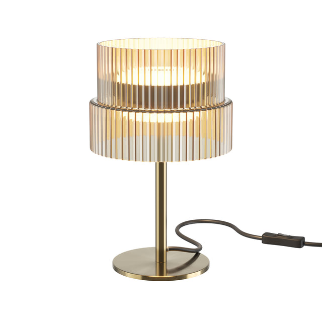 Maytoni Scala two-tier ribbed glass LED table lamp in antique bronze with slim stem, round base, and inline rocker switch on black cable.