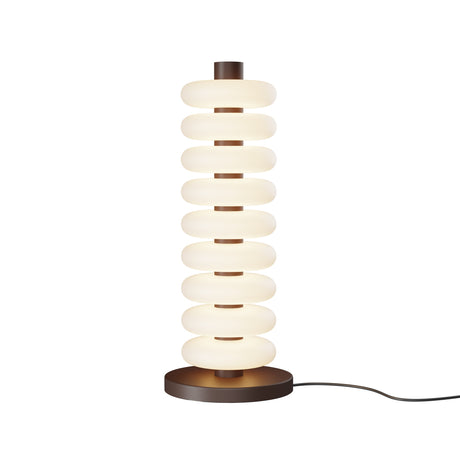 Maytoni Nuvem Wood LED floor lamp in brown with nine stacked frosted glass pebble diffusers on a central column and circular metal base.