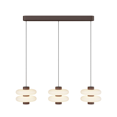 Maytoni Nuvem 3 Light LED pendant with three tiered opal glass disc diffusers on a brown metal bar, shown on a plain white background.