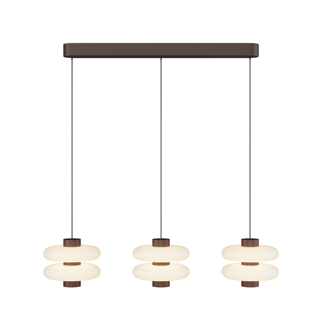 Maytoni Nuvem 3 Light LED pendant with three tiered opal glass disc diffusers on a brown metal bar, shown on a plain white background.
