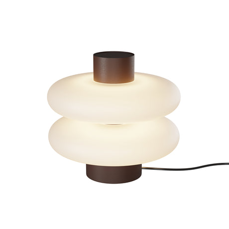 Maytoni Nuvem LED table lamp in brown with two stacked opal glass disc shades between powder-coated metal cylindrical caps, on a white background.