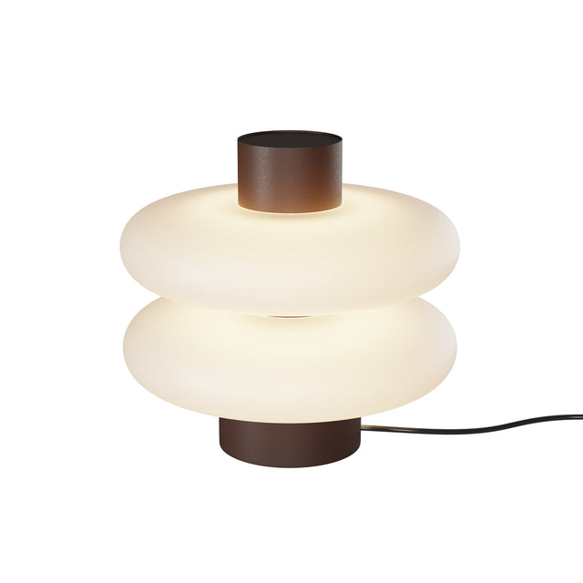 Maytoni Nuvem LED table lamp in brown with two stacked opal glass disc shades between powder-coated metal cylindrical caps, on a white background.