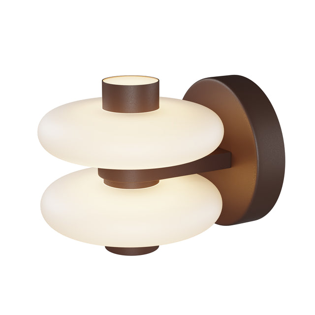 Maytoni Nuvem wall light with two frosted glass disc diffusers stacked on a bronze brown metal bracket and round backplate, on a white background.