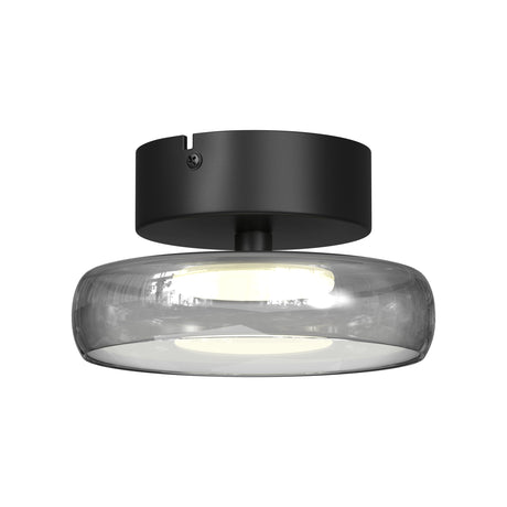 Maytoni Float semi-flush LED ceiling light with a round smoke-tinted glass diffuser and matt black metal canopy on a plain white background.