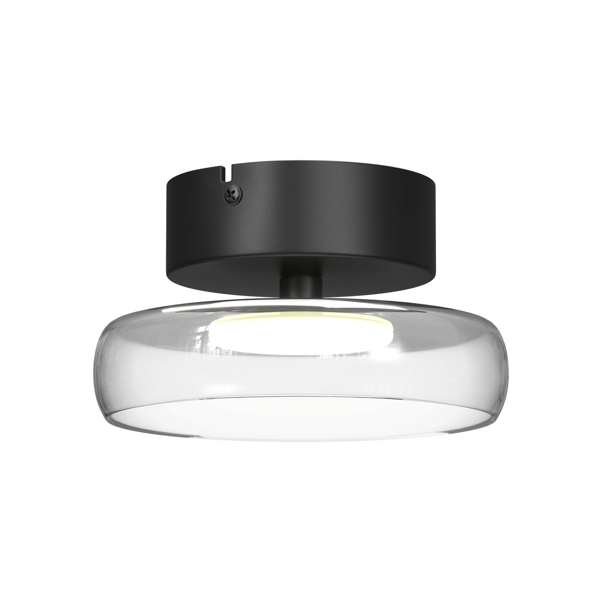 Maytoni Float LED ceiling light with a matt black canopy and clear glass disc shade, shown lit against a plain white background.