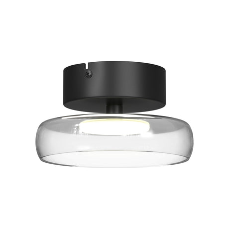 Maytoni Float LED ceiling light with a matt black canopy and clear glass disc shade, shown lit against a plain white background.