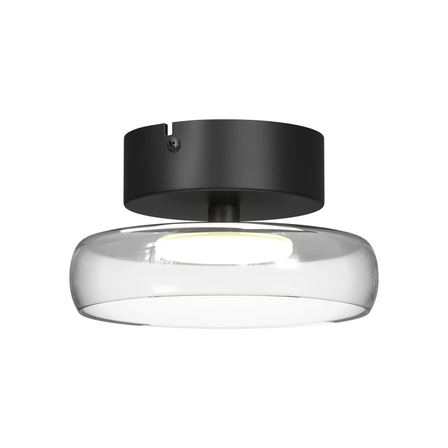 Maytoni Float LED ceiling light with a matt black canopy and clear glass disc shade, shown lit against a plain white background.