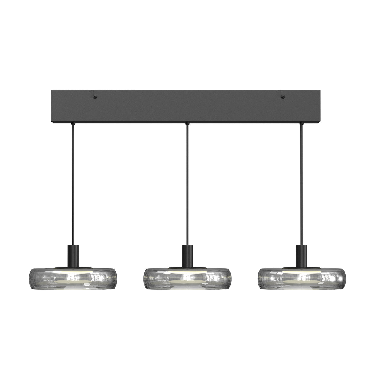 Maytoni Float 3-light bar pendant with smoked glass shades and integrated LED tubes suspended from a matte black rectangular canopy on a white background.