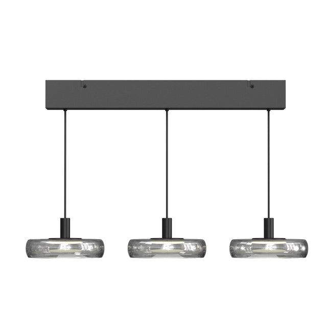 Maytoni Float 3-light bar pendant with smoked glass shades and integrated LED tubes suspended from a matte black rectangular canopy on a white background.