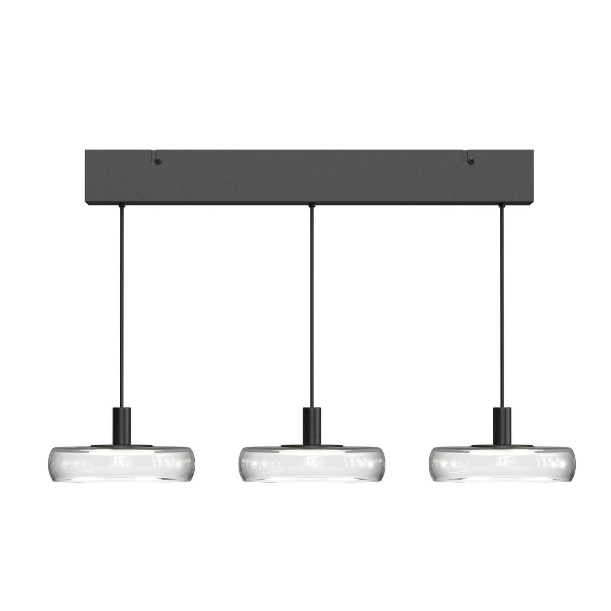 Maytoni Float 3-light linear LED pendant with clear glass cylinder shades and matt black rectangular canopy on adjustable cables, on white.