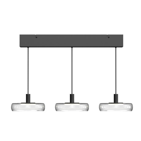 Maytoni Float 3-light linear LED pendant with clear glass cylinder shades and matt black rectangular canopy on adjustable cables, on white.