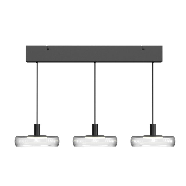 Maytoni Float 3-light linear LED pendant with clear glass cylinder shades and matt black rectangular canopy on adjustable cables, on white.