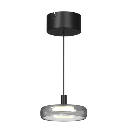 Maytoni Float LED pendant light with a 200mm smoked glass disc shade and matt black canopy, rod and cable, shown on a plain white background.