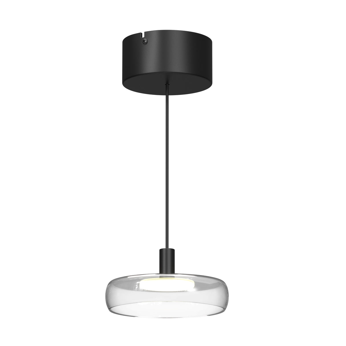 Maytoni Float LED pendant light with a flat clear glass disc shade suspended from a matt black cable and cylindrical ceiling canopy.