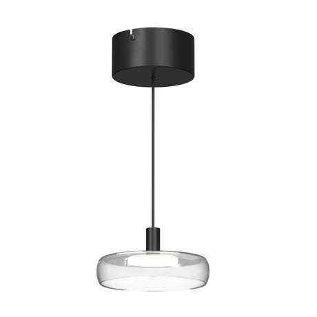 Maytoni Float LED pendant light with a flat clear glass disc shade suspended from a matt black cable and cylindrical ceiling canopy.