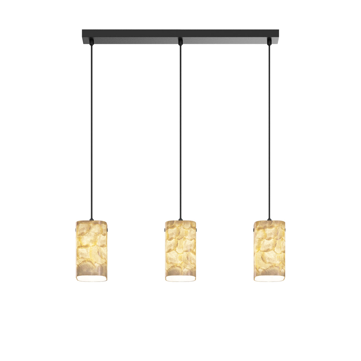 Maytoni Maris 3 light pendant with three cylindrical natural shell shades on a black rectangular bar canopy with adjustable cables.