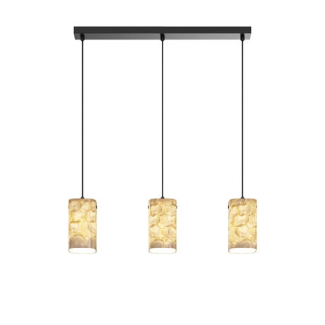 Maytoni Maris 3 light pendant with three cylindrical natural shell shades suspended on adjustable cables from a black rectangular bar canopy.