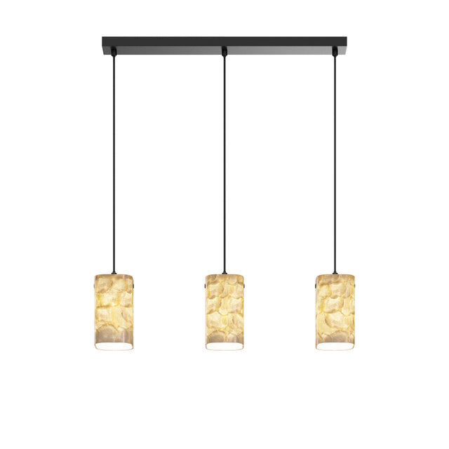 Maytoni Maris 3 light pendant with three cylindrical natural shell shades on a black rectangular bar canopy with adjustable cables.