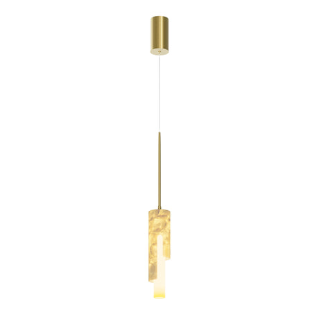 Maytoni Maris LED pendant light with a natural alabaster cylindrical shade suspended from a slender gold rod and cylindrical canopy.