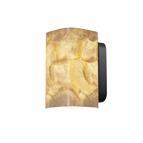 Maytoni Maris alabaster wall light with a curved honey-toned natural stone shade and matt black bracket on a white background.