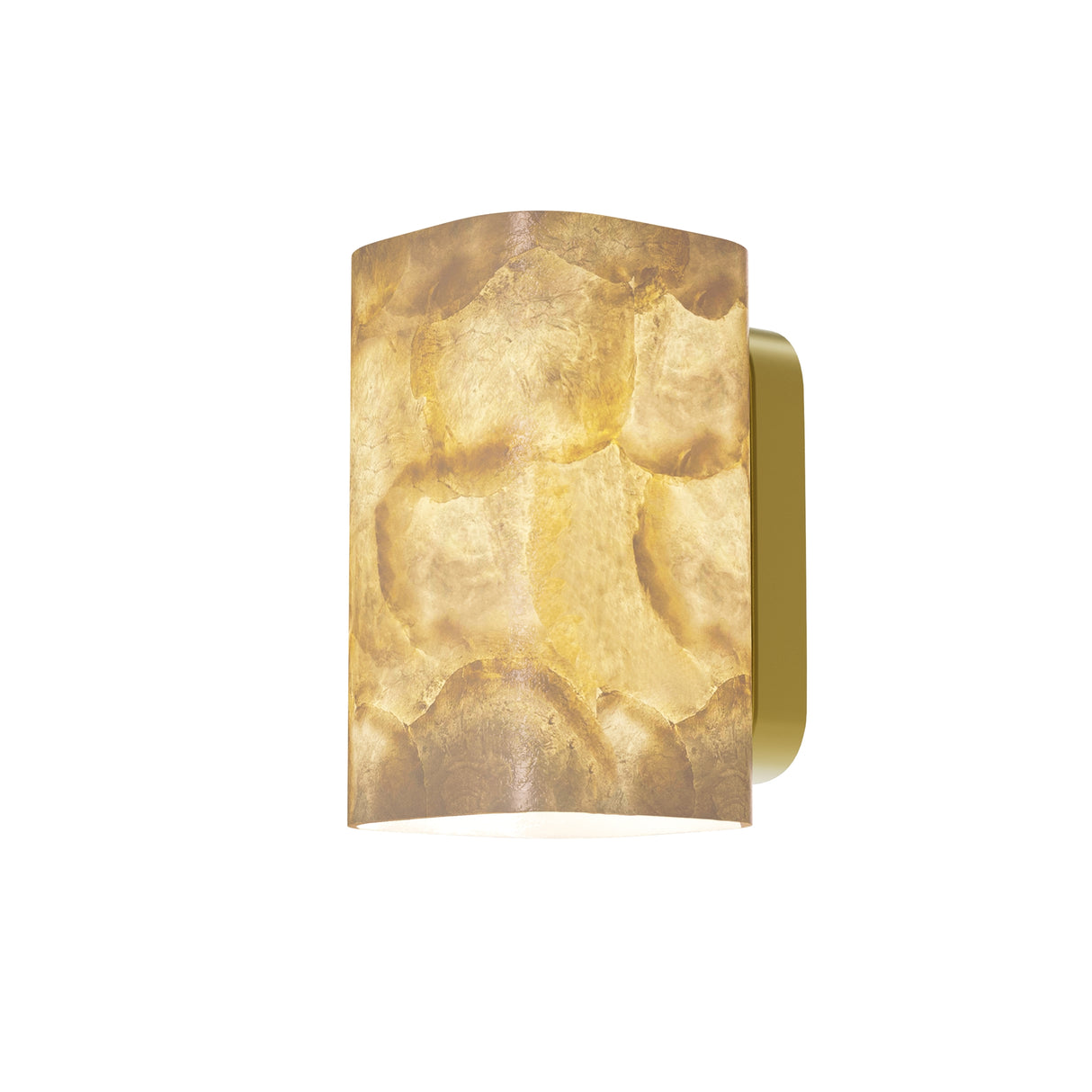 Maytoni Maris Alabaster Wall Light in gold with a curved rippled alabaster shade and rounded satin gold metal backplate on a white background.