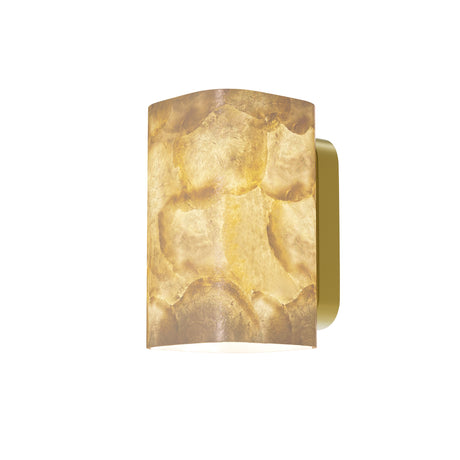 Maytoni Maris Alabaster Wall Light in gold with a curved rippled alabaster shade and rounded satin gold metal backplate on a white background.