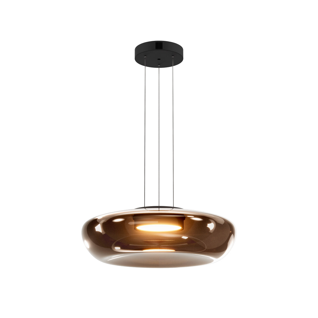Maytoni Bassa LED pendant light with a flattened organic amber and clear glass shade suspended from a matt black canopy on a plain background.
