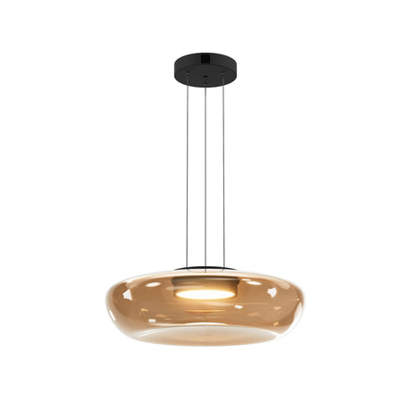 Maytoni Bassa amber hand-blown glass LED pendant light in a flattened ovoid form, suspended by fine cables from a round black canopy.
