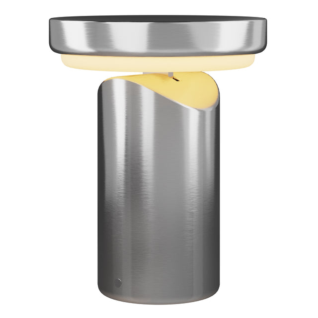Maytoni Topo Disc LED rechargeable table lamp in brushed grey metal, cylindrical base with pivoting disc head lit warm white, on a plain background.