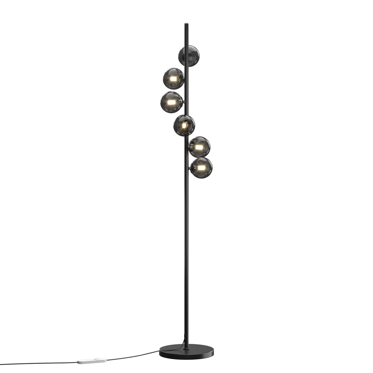 Maytoni Dallas 6 Light Globe Floor Lamp in matt black with six smoked glass spheres staggered along a vertical pole and circular base.