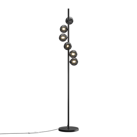 Maytoni Dallas 6 Light Globe Floor Lamp in matt black with six smoked glass spheres staggered along a vertical pole and circular base.