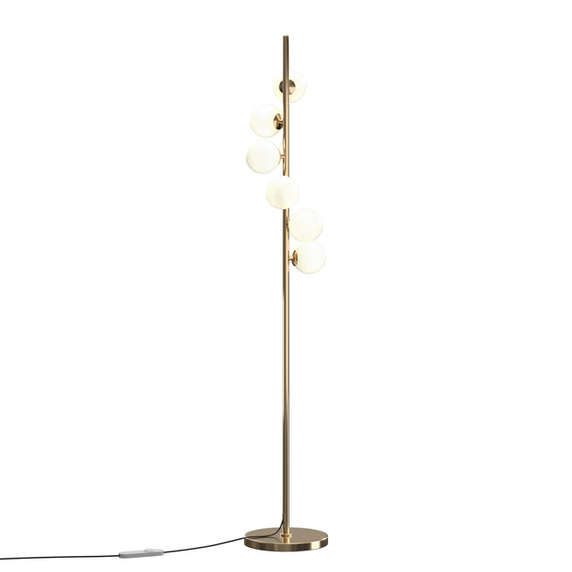 Maytoni Dallas 6 Light floor lamp with white opal glass globes staggered along a vertical brushed gold stem and round base, on a white background.