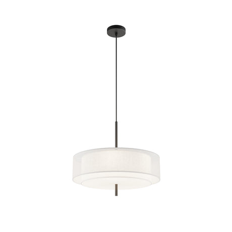 Maytoni Bergamo pendant light with double-layer white fabric drum shade, matt black canopy and suspension rod, shown on a plain white background.