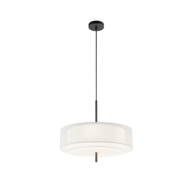 Maytoni Bergamo pendant light with double-layer white fabric drum shade, matt black canopy and suspension rod, shown on a plain white background.