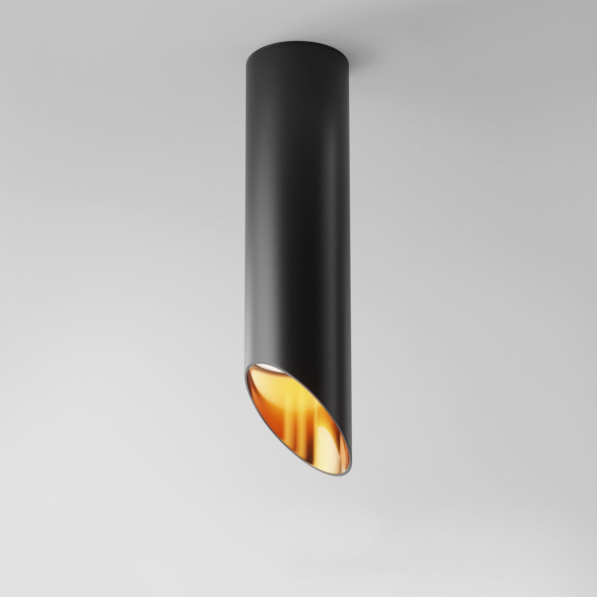A Lipari Long Surface Mounted Downlight 25cm in black and gold, with a minimalist design featuring an angled opening, hangs against a plain white background, adding a modern and sleek touch to any space.