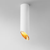 The Lipari Long Surface Mounted Downlight 25cm in White & Gold is a modern cylindrical ceiling fixture with an angled opening, revealing a warm glow and minimalist luxury lighting through its white exterior and gold interior design.