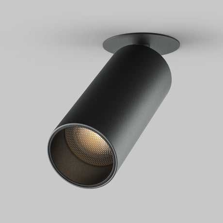 The Focus LED Single Recessed Spotlight 12W 3000K in black is ceiling-mounted, energy-efficient, cylindrical, and illuminated. It is angled downwards against a plain gray background.