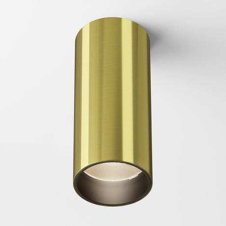 A Focus LED Fixed Round Surface Mounted Downlight 12W 3000K in brass with a sleek, modern cylindrical design hangs from a white ceiling, featuring an energy-efficient recessed bulb and smooth metallic appearance.