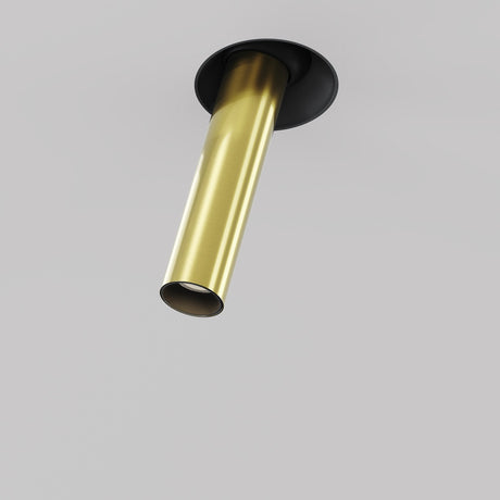 A sleek, gold cylindrical tube light fixture extends downward from a trimless black and brass circular base, set against a plain gray background. This is the Focus T LED Adjustable Short Trimless Retractable In-Out Recessed Downlight 7W 3000K - Black & Brass.