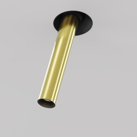 The Focus T LED Adjustable Long Trimless Retractable In-Out Recessed Downlight 7W 3000K in Black & Brass is suspended vertically from a black circular base against a gray background.
