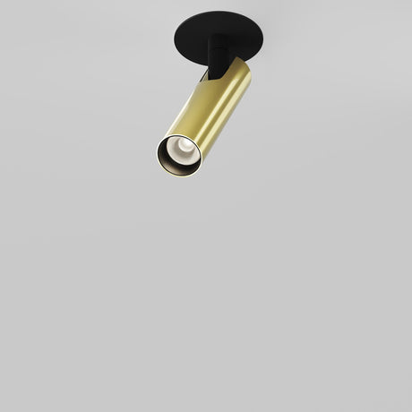 The Focus T LED Adjustable Short Recessed Downlight 6W 3000K in black and brass is mounted on a light gray ceiling, featuring an energy-efficient, modern design with a gold cylindrical body aimed downward to highlight a sleek cutout revealing the inner bulb.