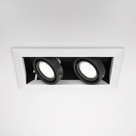 A modern rectangular recessed ceiling fixture, the Metal Modern Twin Tilt Downlight in white features adjustable black spotlights and is viewed from below.