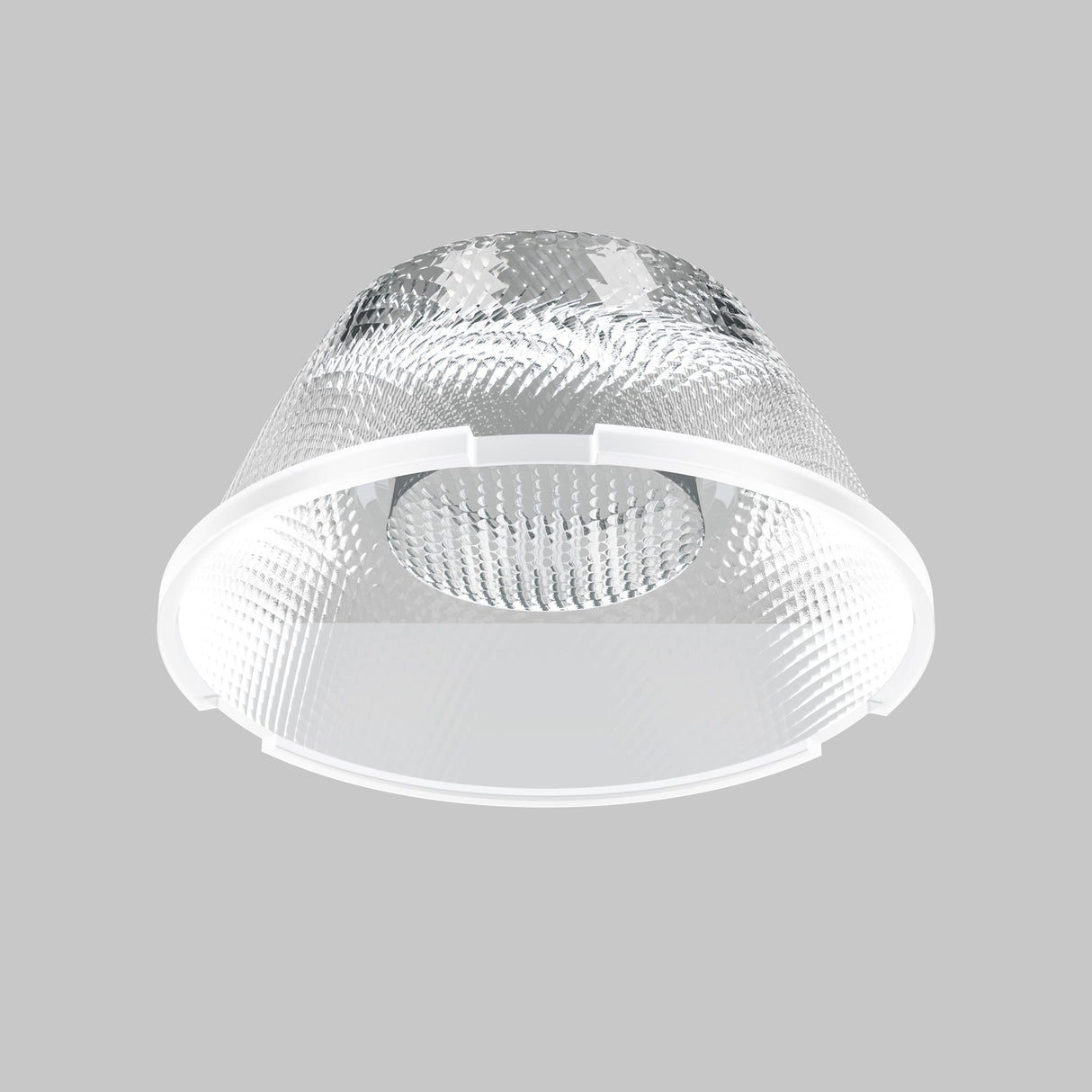 The Wise Downlight Lens (⌀29mm, 15°) is a modern, transparent conical lampshade with a textured surface and embossed geometric designs. Made of glass or acrylic, it provides focused lighting with a 15° beam angle against a simple gray background, enhancing its sleek aesthetic.