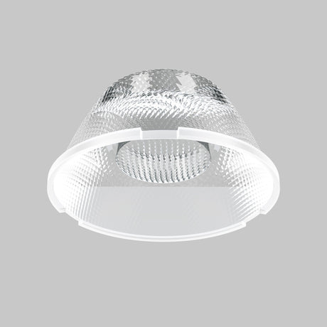 The Wise Downlight Lens (⌀29mm, 15°) is a modern, transparent conical lampshade with a textured surface and embossed geometric designs. Made of glass or acrylic, it provides focused lighting with a 15° beam angle against a simple gray background, enhancing its sleek aesthetic.