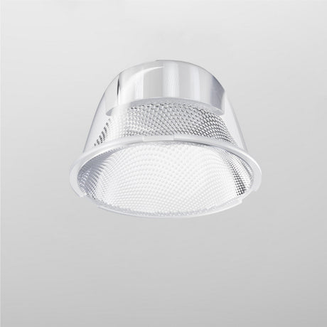The Focus LED Track Light Lens ⌀35mm 15° offers precise light control with a clear cylindrical outer casing and a textured, dome-shaped diffuser. Its minimalist design complements neutral ceilings, making it ideal for contemporary accent lighting.