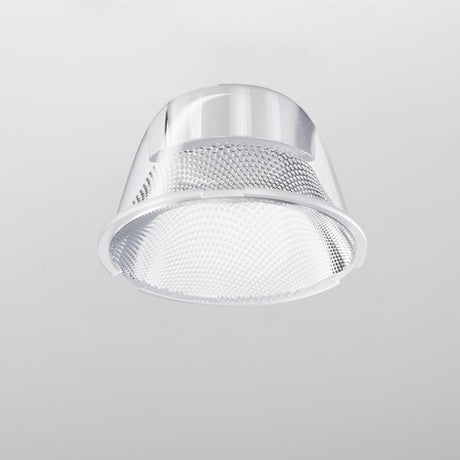 The Focus LED Track Light Lens ⌀35mm 24° is a ceiling-mounted fixture with a metallic reflector and textured glass cover, medium beam angle, and replaceable lens for enhanced functionality. Set against a plain light gray background.