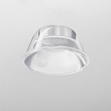 A metallic, circular ceiling light fixture with a mesh design and reflective rim is mounted on a white ceiling. The modern, minimalist style is highlighted by the Focus LED Track Light Lens ⌀43mm 36°, offering flexible beam angles for perfect ambient lighting.